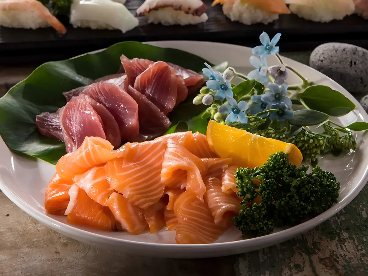 Freshly sliced salmon & tuna sashimi, artfully garnished at Number 1 Buffet, a Buffet Restaurant in Avondale