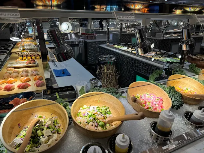 Vibrant buffet spread of seafood salads & nigiri at Number 1 Buffet, a Buffet Restaurant in Avondale